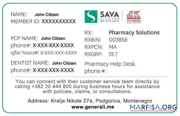 Downloadable Montenegro health insurance card example